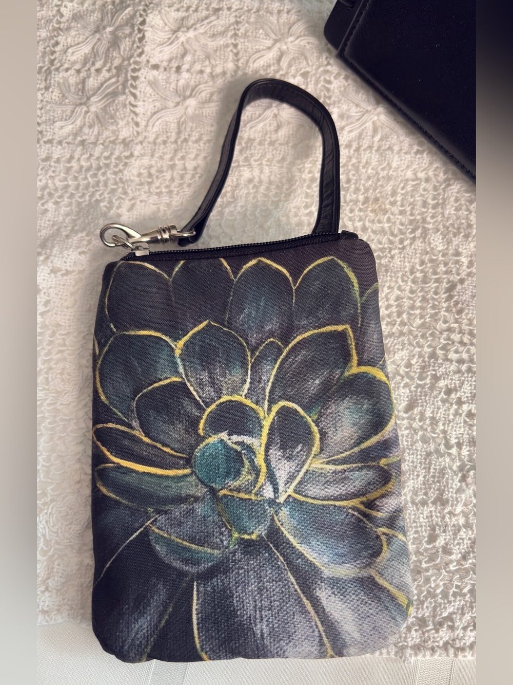 Floral Wristlet Pouch in Dark Teal and Yellow Accent